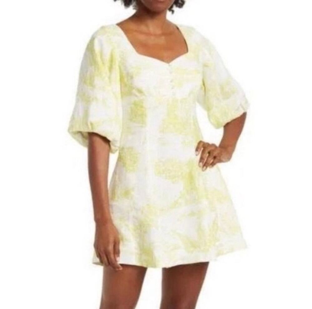 NICHOLAS Lydia Toile Linen Puff Sleeve Mini Dress Size 0 Cottagecore